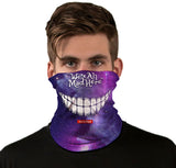 StonerDays 'We're All Mad Here' Neck Gaiter with Smiling Design, Front View on Model
