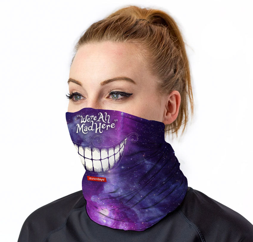 StonerDays 'We're All Mad Here' Smiling Neck Gaiter, Front View on Model