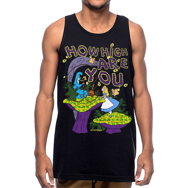 StonerDays 'We're All Mad Here' men's tank top, front view on model, sizes S to 3XL