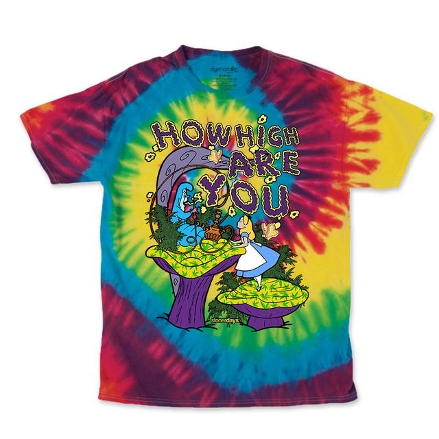 StonerDays 'We're All Mad Here' tie-dye t-shirt with colorful design, front view on white background
