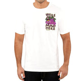 StonerDays 'We're All Mad Here' white cotton tee with vibrant green graphic, front view