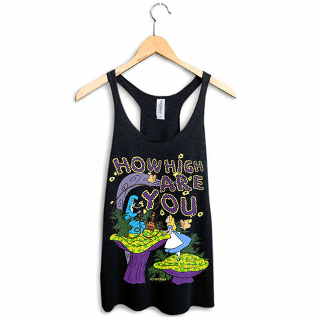 StonerDays Women's Racerback Tank Top with 'How High Are You' Print, Cotton Blend, Front View