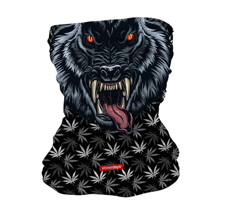 StonerDays Werewolf Neck Gaiter in gray with cannabis leaf pattern, made of polyester, front view