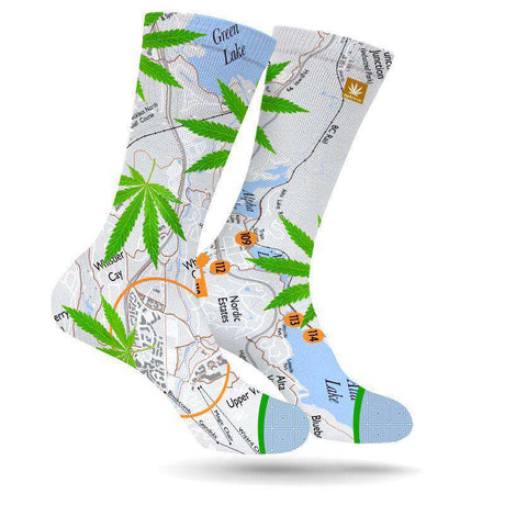 StonerDays Whistler Weed Leaf Socks with vibrant cannabis leaf design on a map background, size L/M
