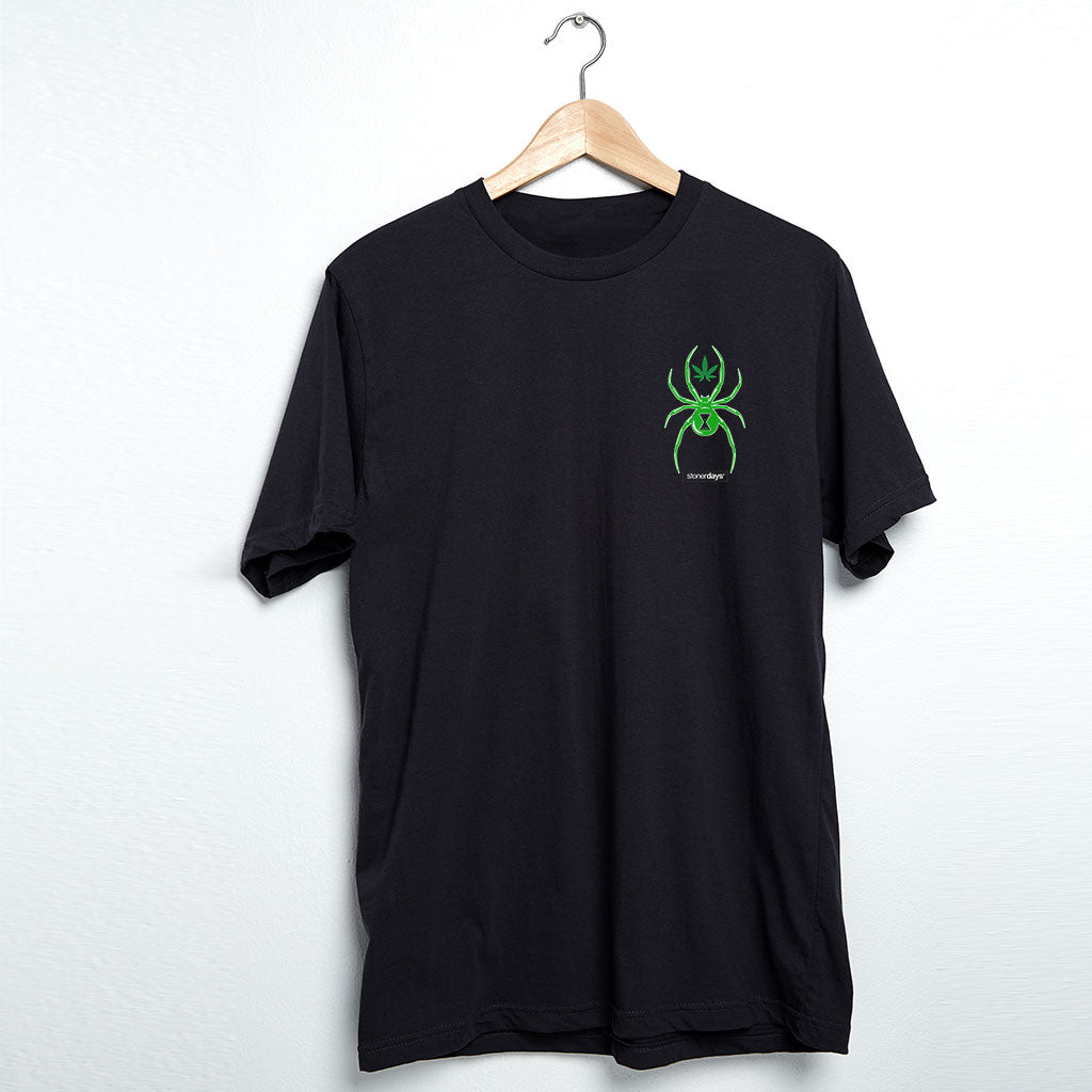 StonerDays White Widow men's black cotton t-shirt with green spider graphic, front view on hanger