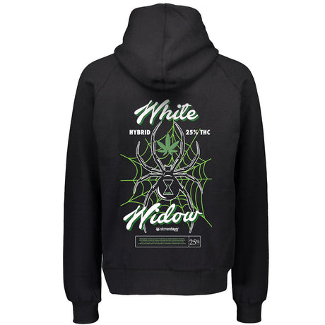 StonerDays White Widow Men's Hoodie with green graphic design, rear view on white background