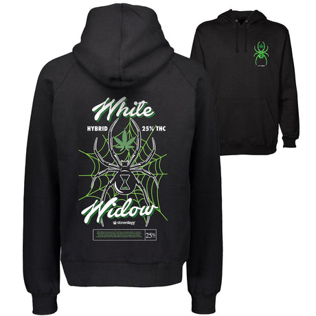 StonerDays White Widow Men's Hoodie in black with green print, front and hood view, sizes S-XXXL