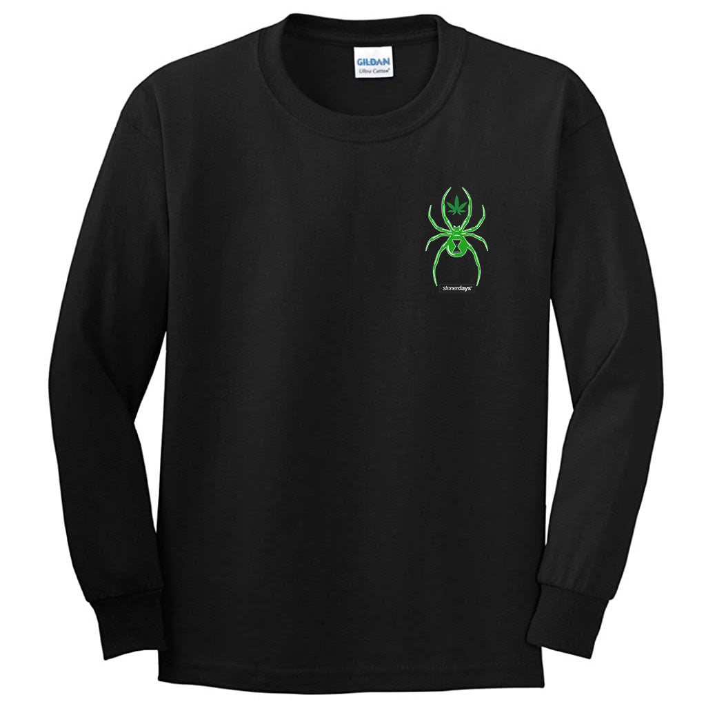 StonerDays White Widow Long Sleeve Shirt in Black with Green Spider Graphic, USA Cotton