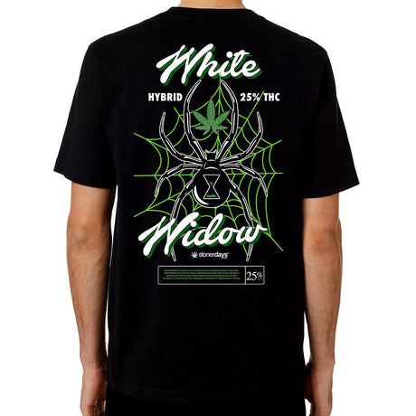 StonerDays White Widow men's black cotton t-shirt with green cannabis leaf design, rear view