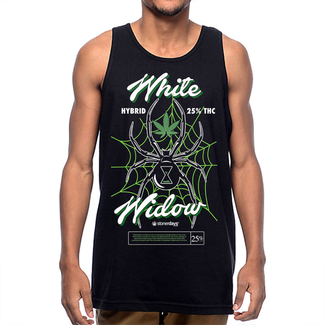 Front view of StonerDays White Widow Tank in black, unisex fit, sizes S to 3XL, with cannabis graphic design