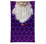 StonerDays Wizard Beard Neck Gaiter with Gandalf design, purple cannabis leaf pattern, front view
