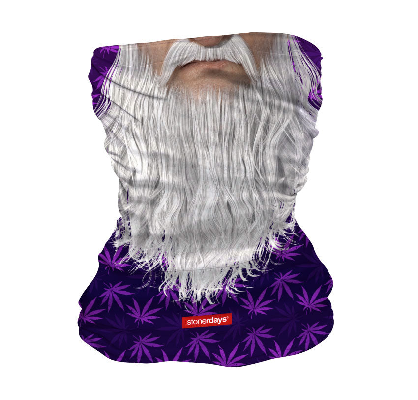 StonerDays Wizard Beard Neck Gaiter with Gandalf design, purple cannabis leaves on black background
