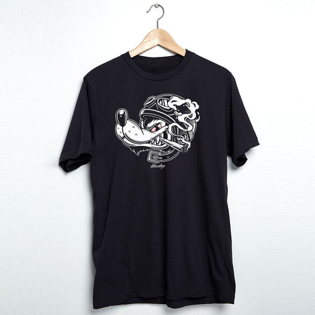 StonerDays Wolf Pack men's black cotton t-shirt with white wolf graphic, front view on hanger