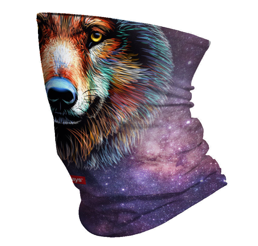 StonerDays Wolf Spirit Neck Gaiter featuring cosmic wolf design, made of polyester, front view