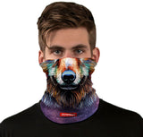 StonerDays Wolf Spirit Neck Gaiter featuring vibrant wolf design, front view on model, one size fits all