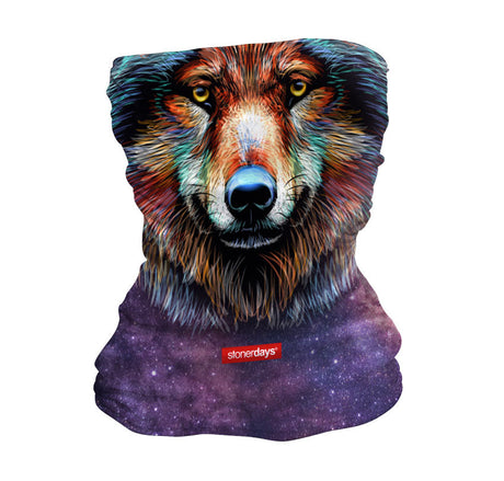 StonerDays Wolf Spirit Neck Gaiter featuring a colorful wolf design on polyester fabric, front view.
