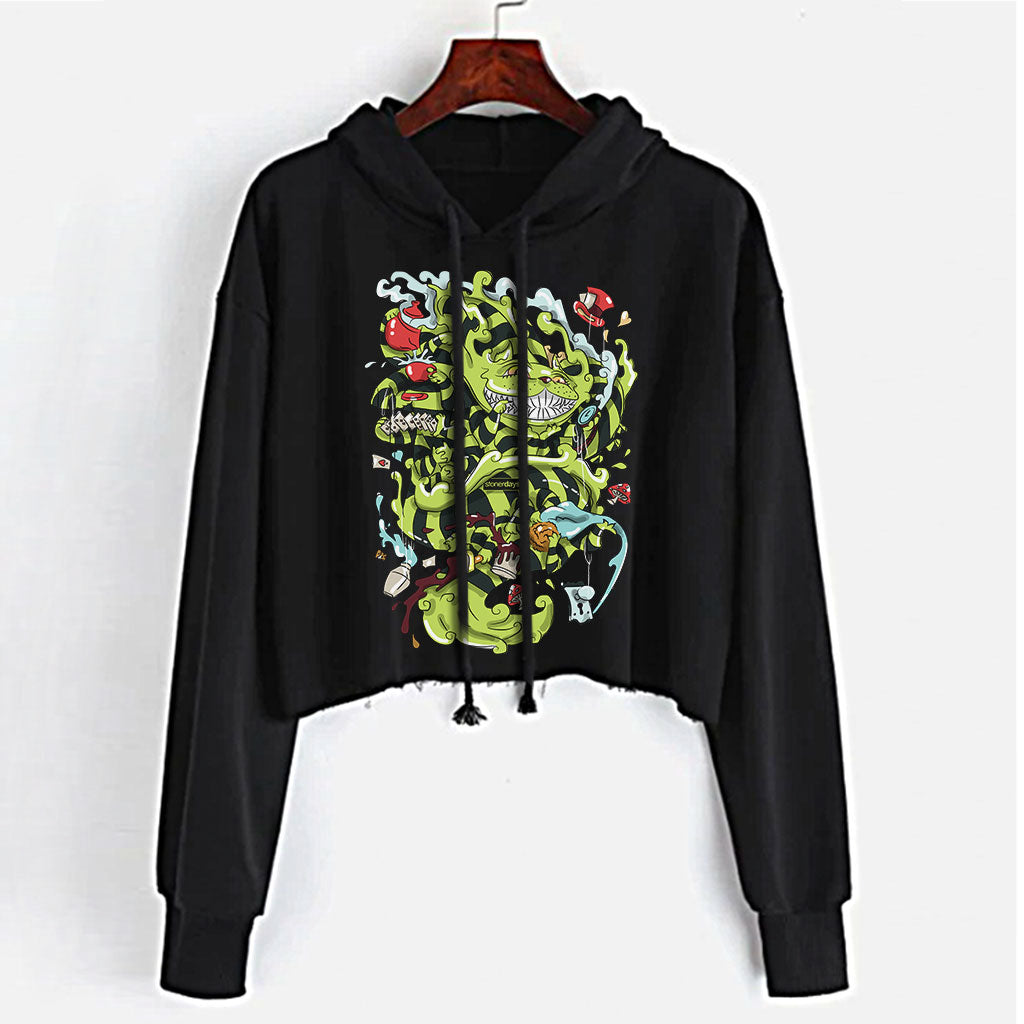 StonerDays Wonderland Crop Top Hoodie for Women, Front View on Hanger, Black Cotton with Psychedelic Print