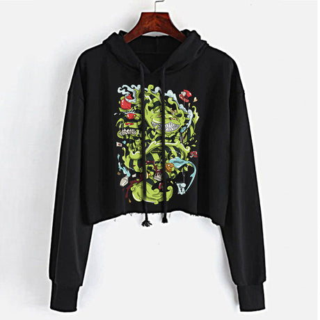 StonerDays Wonderland Crop Top Hoodie for Women, Black Cotton, Front View with Psychedelic Design