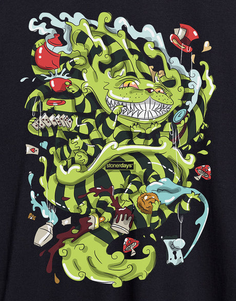 Close-up of StonerDays Wonderland Men's Shirt with vibrant graphic design on black cotton fabric