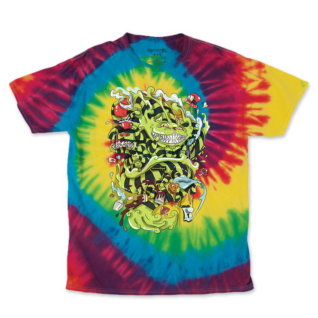 StonerDays Wonderland Rainbow Tie Dye Tee, vibrant cotton shirt in sizes S-3XL, front view on white