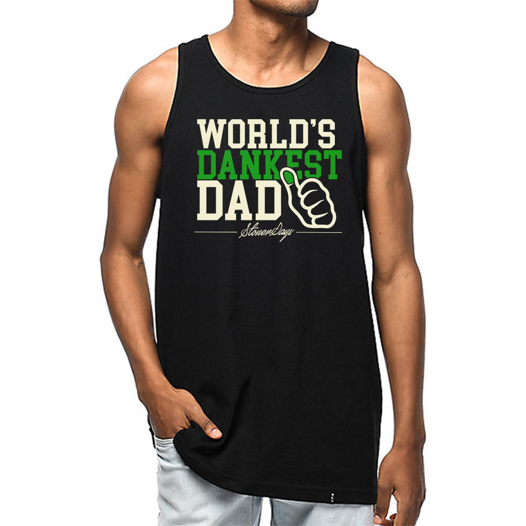 StonerDays Men's Tank with 'World's Dankest Dad' Print, Black Cotton, Front View