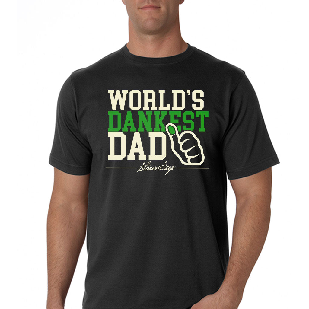 StonerDays World's Dankest Dad Tee in black, front view on male model, sizes S-XXXL