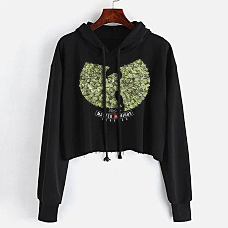 StonerDays Wu Tang Crop Top Hoodie in black with graphic print, available in S to XL sizes