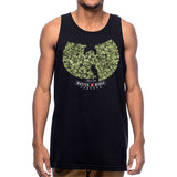 StonerDays Wu Tang Tank in black with cannabis leaf design, front view on male model