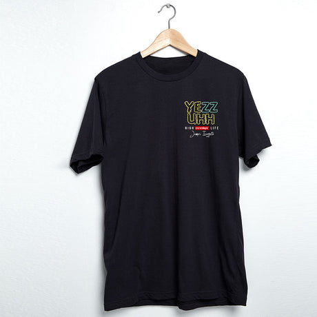 StonerDays Yezzuhh black cotton T-shirt for men, front view on hanger