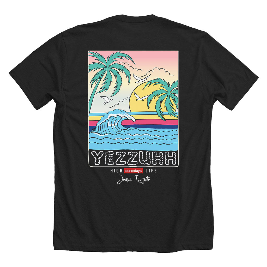 StonerDays Yezzuhh Men's T-Shirt, Black Cotton, Tropical Graphic, Rear View