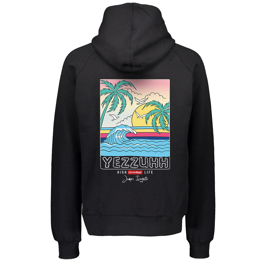 StonerDays Yezzuhh Hoodie back view featuring tropical print and logo on black fabric
