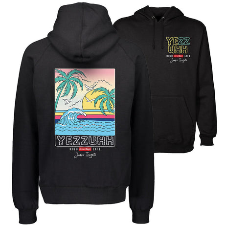 StonerDays Yezzuhh Hoodie in black with tropical print, available in S to XXXL sizes, front and side views