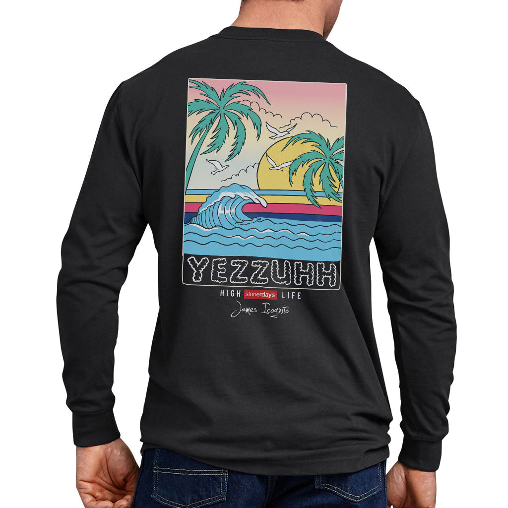 StonerDays Yezzuhh Men's Long Sleeve Shirt Rear View with Tropical Graphic