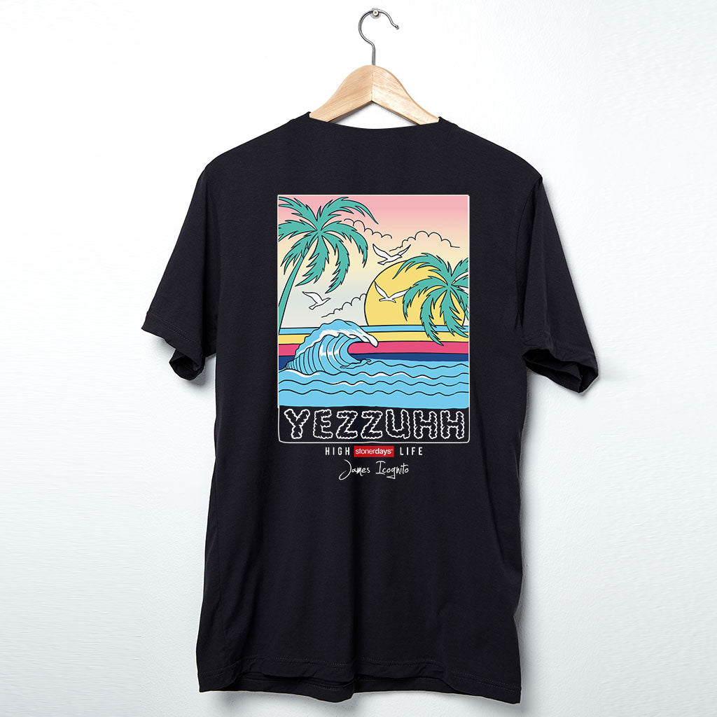 StonerDays Yezzuhh men's black cotton t-shirt with tropical graphic, hanging on wooden hanger