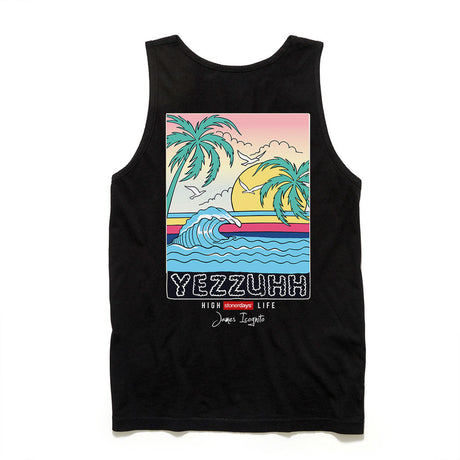 StonerDays Yezzuhh Tank top with tropical print, unisex size, front view on white background