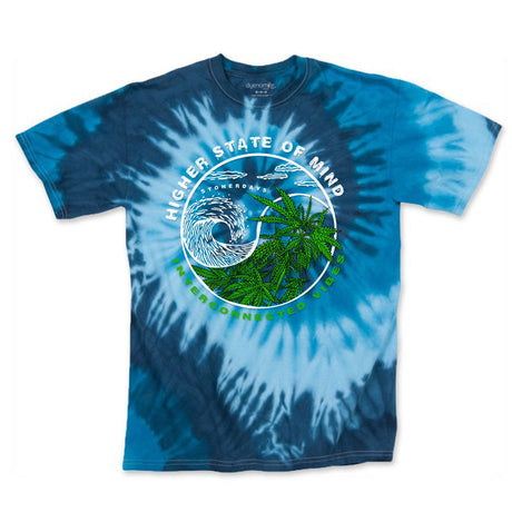 StonerDays Yin Yang Blue Tie Dye T-Shirt with 'Higher State of Mind' Graphic, Front View