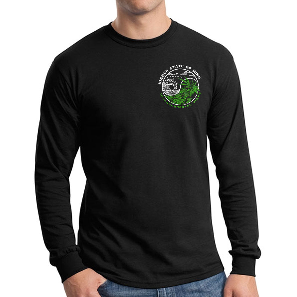 StonerDays Yin Yang design on black long sleeve cotton shirt, front view on male model