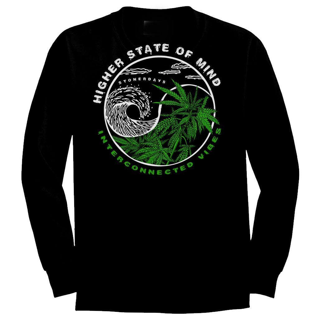 StonerDays Yin Yang Long Sleeve Shirt in Black Cotton with White Graphic, Front View
