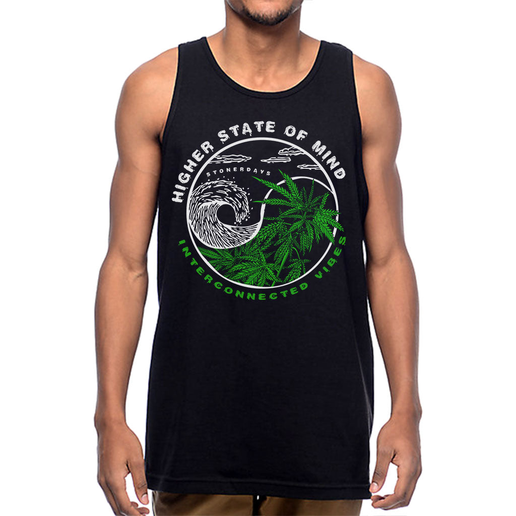 StonerDays Yin Yang Tank top in black with cannabis leaf design, front view on male model