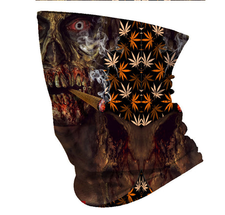 StonerDays Zonked Zombie Neck Gaiter featuring cannabis leaf design, made of polyester, front view.