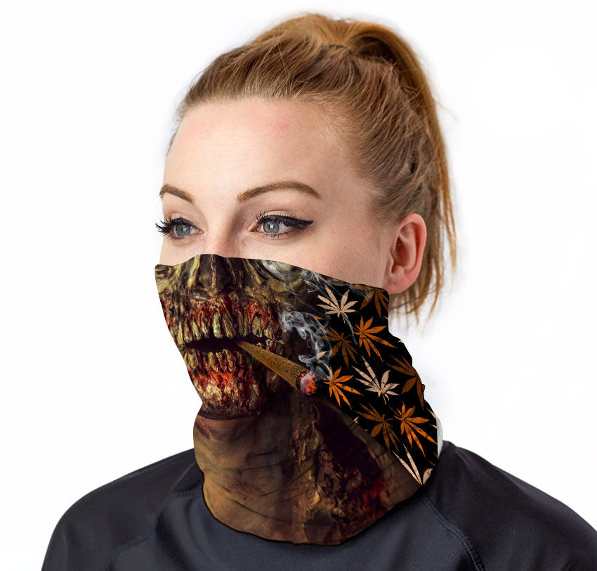 StonerDays Zonked Zombie Neck Gaiter featuring cannabis leaf design, worn by model, front view