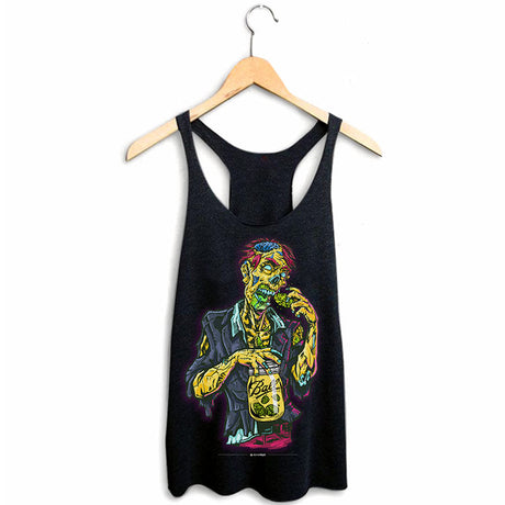StonerDays Zooted Zombie Racerback tank top in black, cotton blend, hanging on wooden hanger