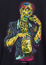 StonerDays Zooted Zombie Tee in black featuring a colorful zombie graphic, 100% cotton, unisex fit
