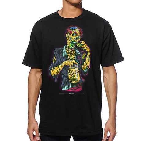 StonerDays Zooted Zombie Tee in black, featuring a vibrant zombie graphic, unisex cotton shirt front view