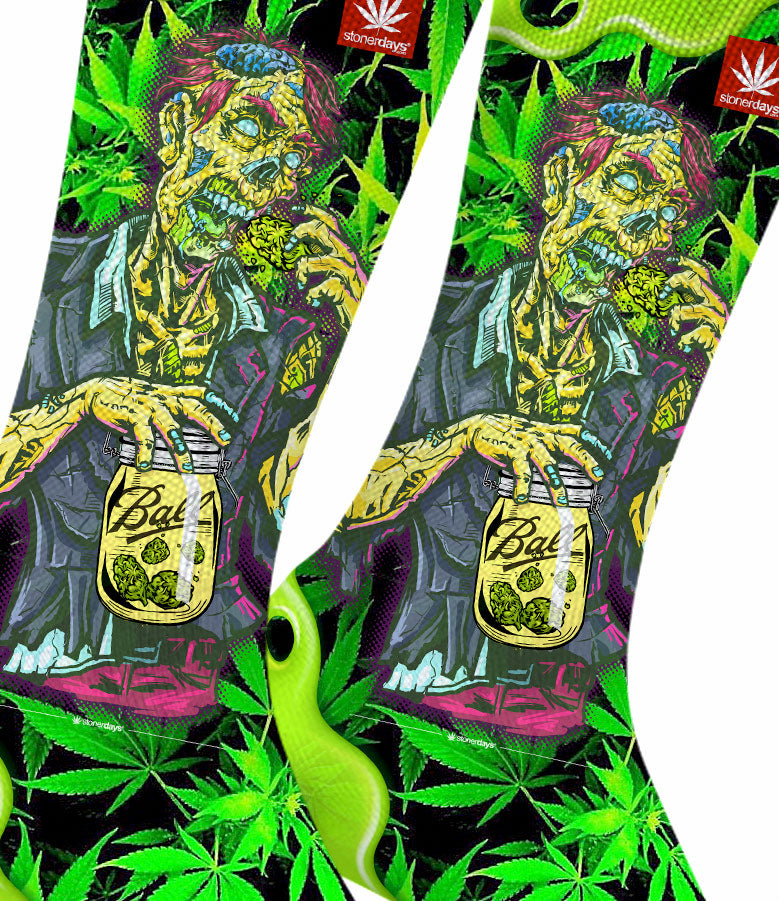 StonerDays Zooted Zombie themed weed socks in red with UV reactive design, made from comfy cotton blend