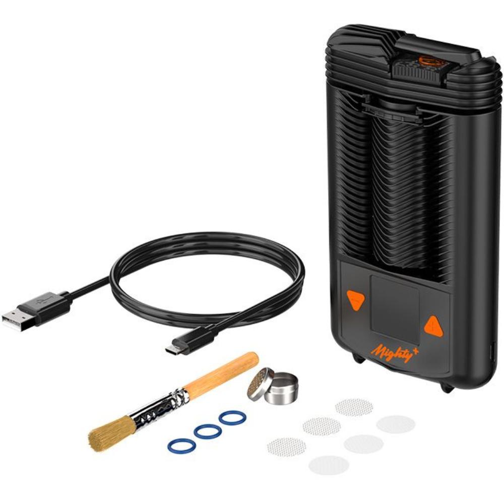 Storz & Bickel Mighty+ Portable Vaporizer with accessories, front view on white background