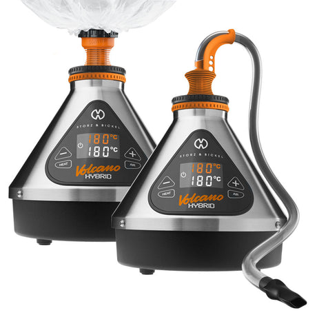 Storz & Bickel Volcano Hybrid Vaporizer for dry herbs and concentrates, front and side views