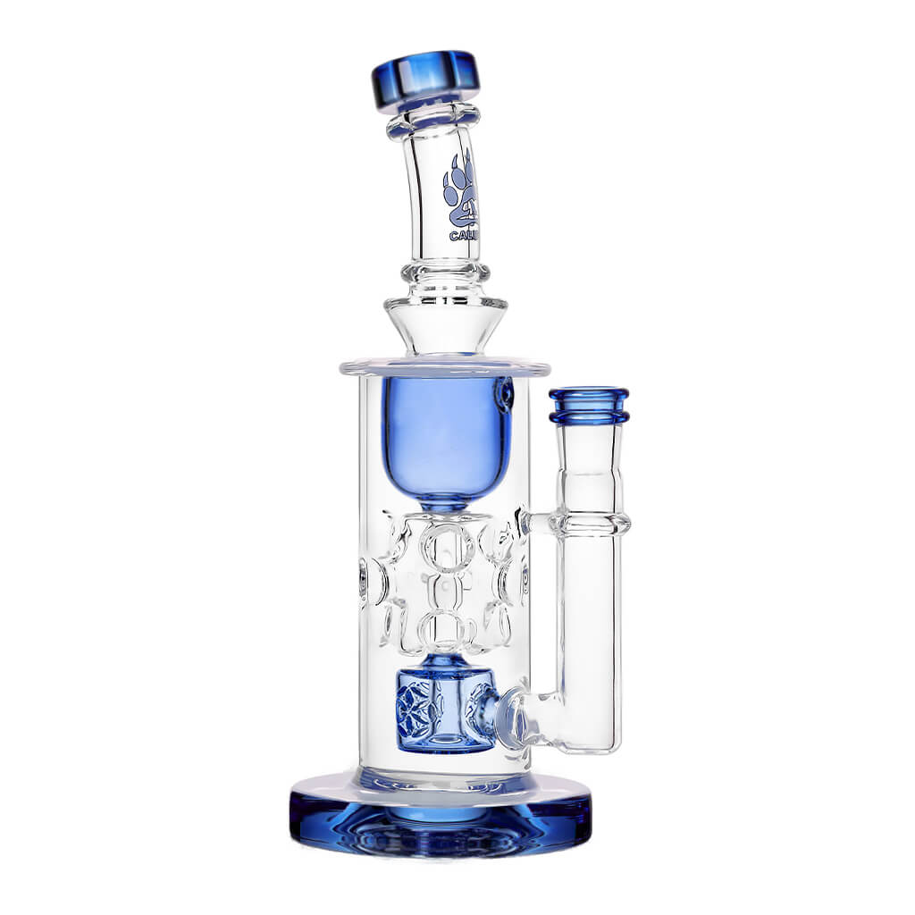 Calibear Straight Fab Torus Bong in clear and blue variant with glass on glass joint, front view on white background