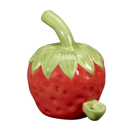 Ceramic Strawberry Hand Pipe for Dry Herbs, 5.25" Spoon Design, Front View on White