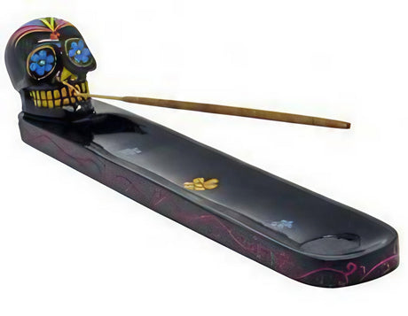 Colorful Sugar Skull Incense Burner for Day of the Dead, 10.5" size, angled side view with incense stick